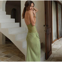 Lace Patchwork Halter Backless Spaghetti Strap Maxi Dress