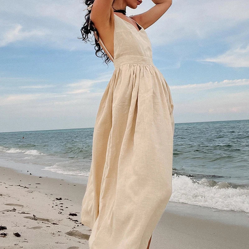Cotton Linen Backless Casual V-Neck Swing Midi Dress