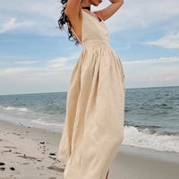 Cotton Linen Backless Casual V-Neck Swing Midi Dress