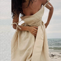 Cotton Linen Backless Casual V-Neck Swing Midi Dress