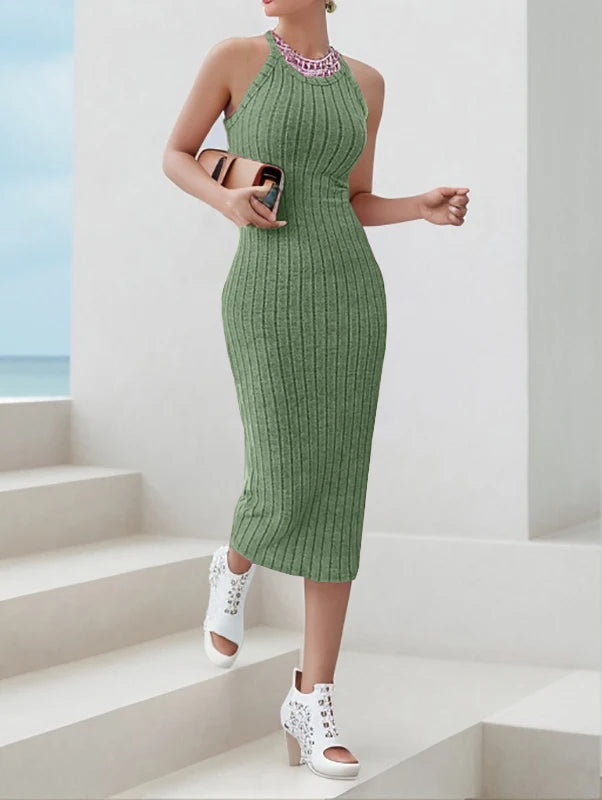 Solid Halter Neck Ribbed Knit Bodycon Tank Dress