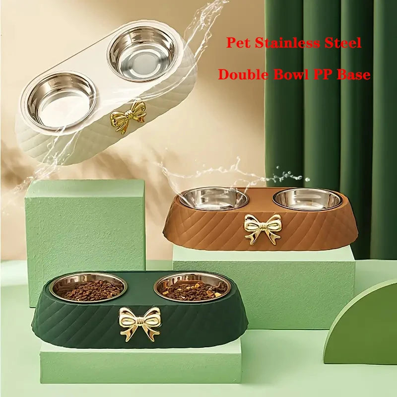 Double Pet Bowl with Bowknot Design