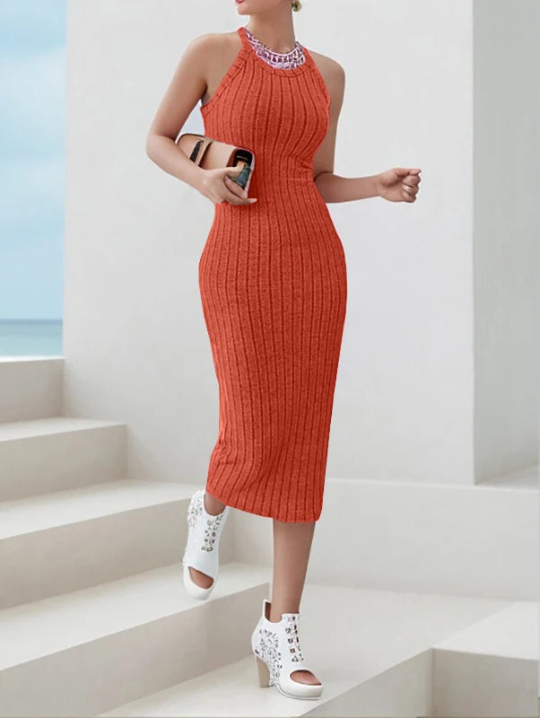 Solid Halter Neck Ribbed Knit Bodycon Tank Dress