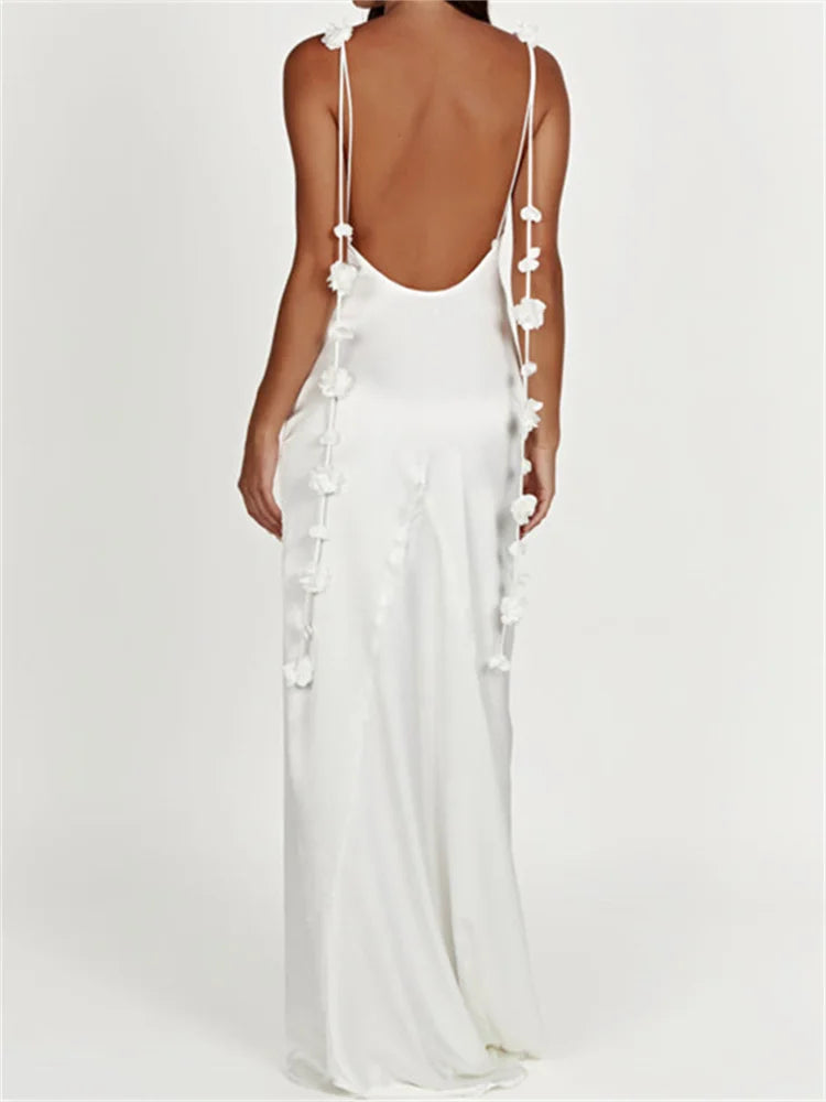CHRONSTYLE Satin Bloom Backless Maxi Dress