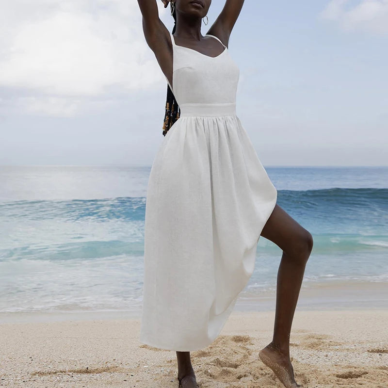 Cotton Linen Backless Casual V-Neck Swing Midi Dress