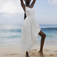 Cotton Linen Backless Casual V-Neck Swing Midi Dress