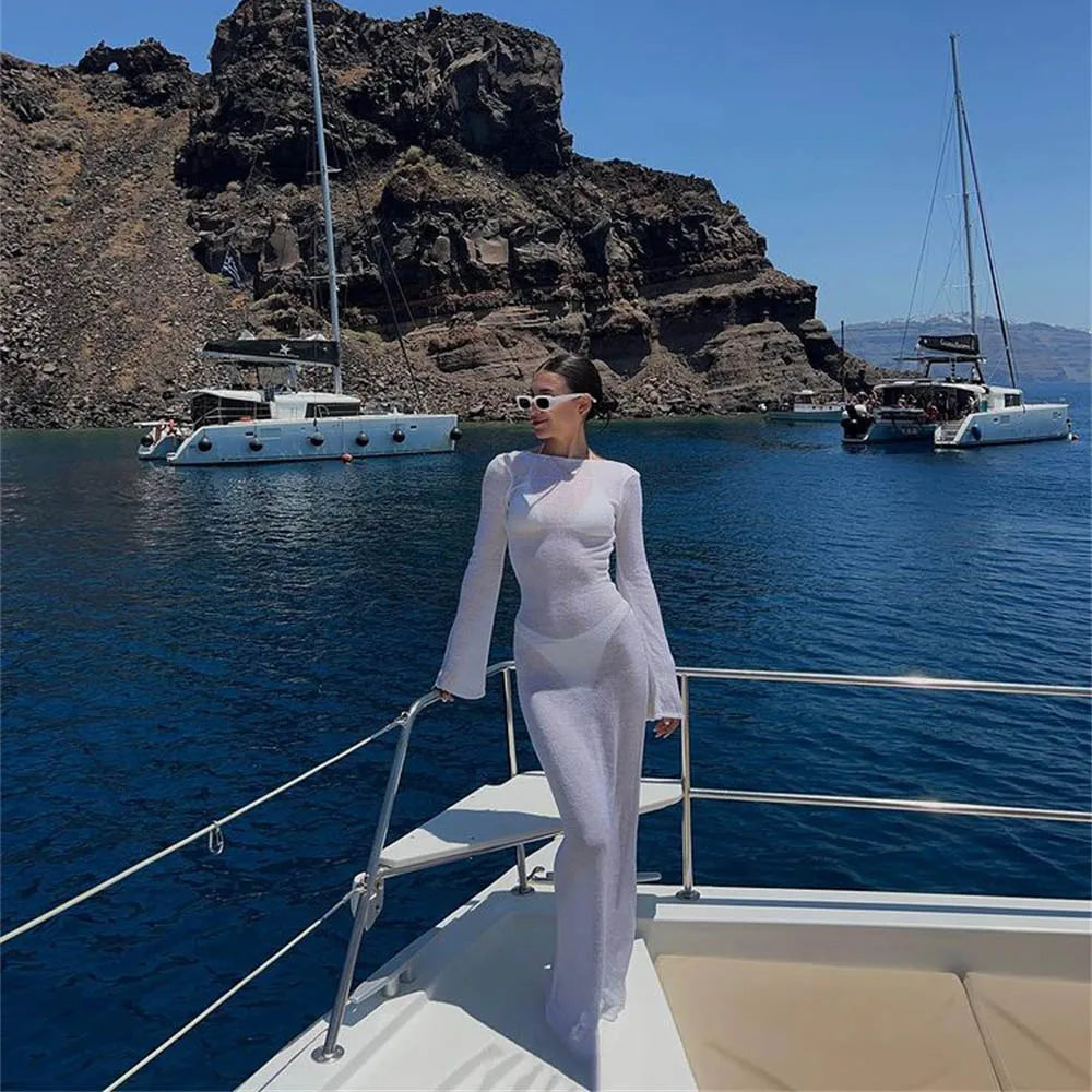 Sheer Elegance Women’s Long Sleeve Backless Beach Maxi Dress