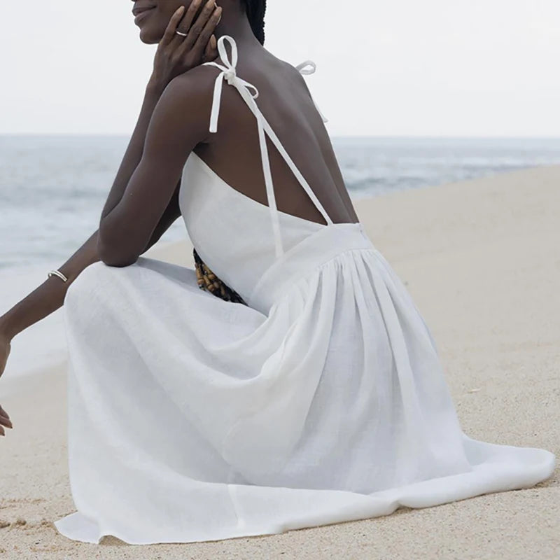 Cotton Linen Backless Casual V-Neck Swing Midi Dress