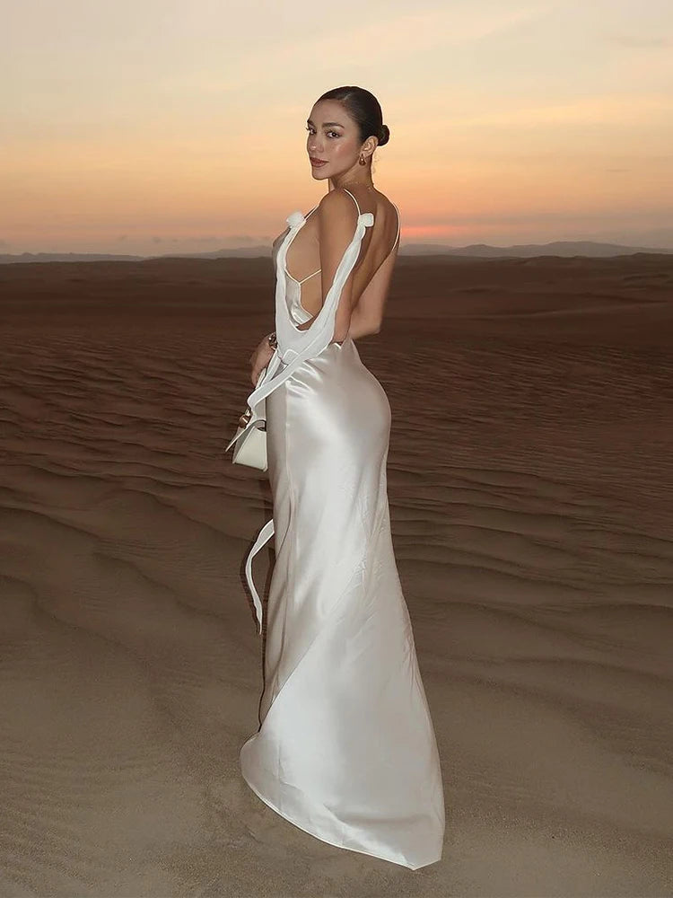 Satin Lace-Up Backless Maxi Dress