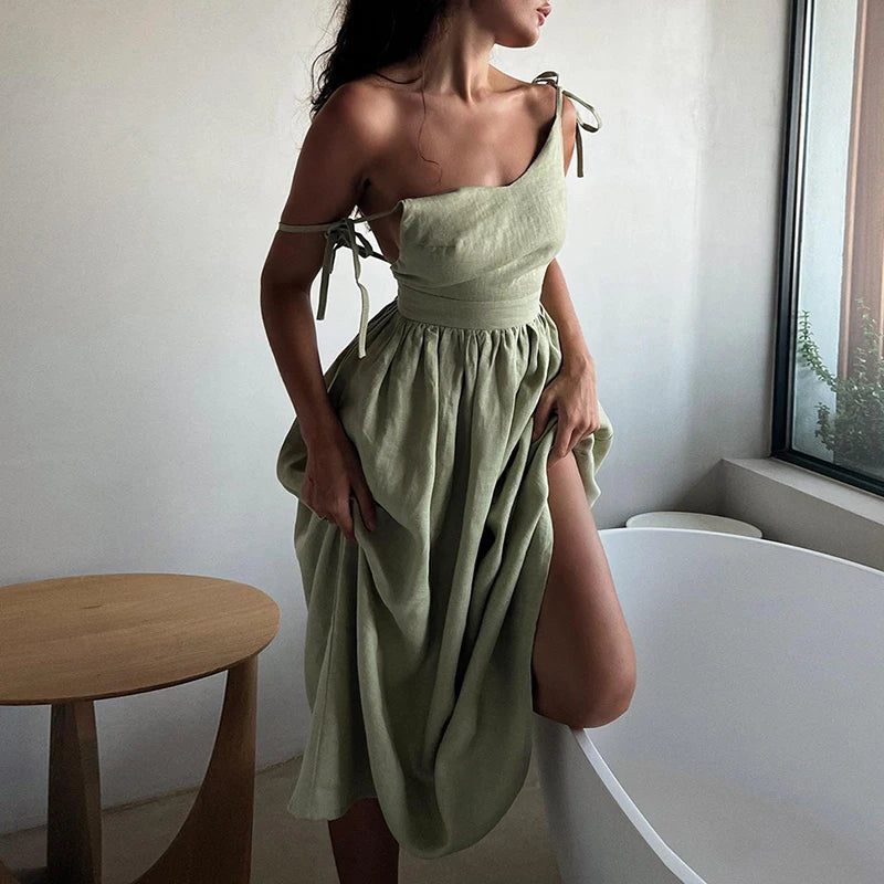 Cotton Linen Backless Casual V-Neck Swing Midi Dress