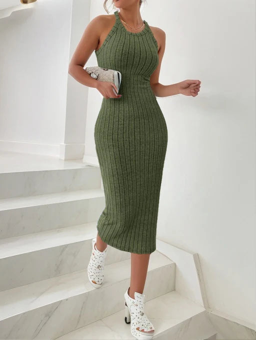Solid Halter Neck Ribbed Knit Bodycon Tank Dress