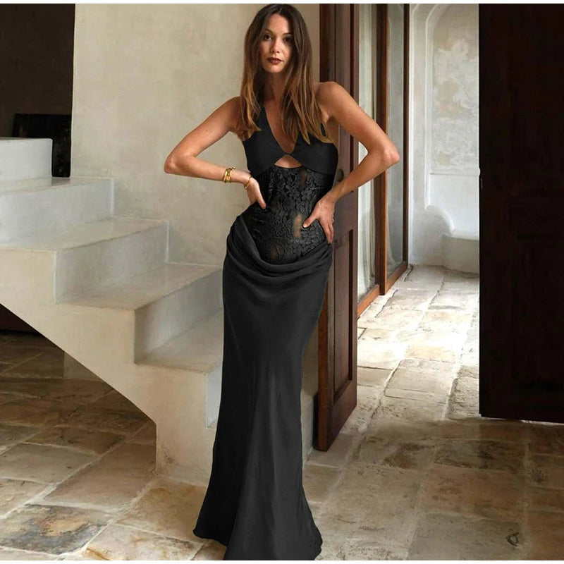 Lace Patchwork Halter Backless Spaghetti Strap Maxi Dress