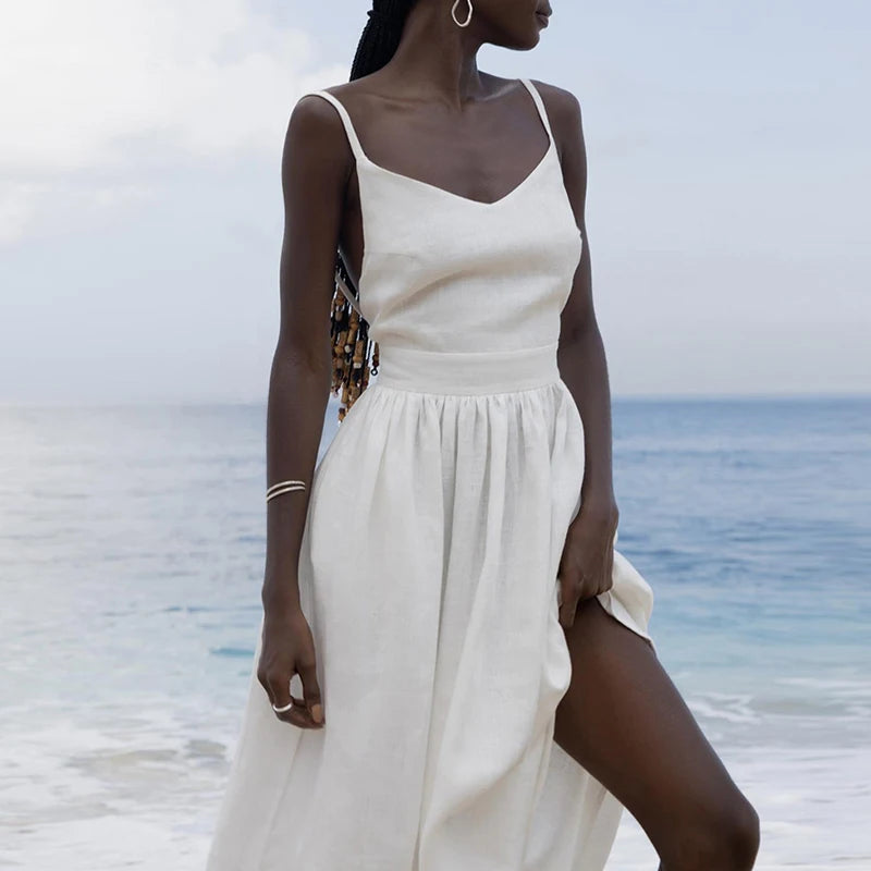 Cotton Linen Backless Casual V-Neck Swing Midi Dress