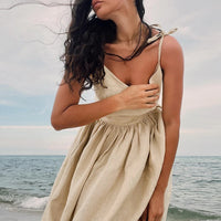 Cotton Linen Backless Casual V-Neck Swing Midi Dress