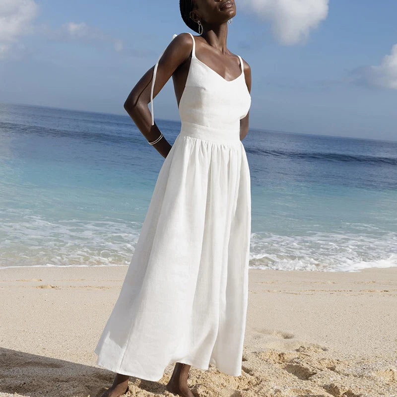 Cotton Linen Backless Casual V-Neck Swing Midi Dress