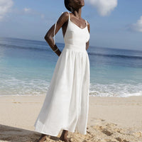 Cotton Linen Backless Casual V-Neck Swing Midi Dress