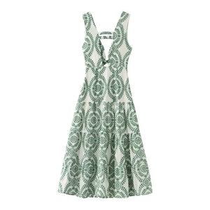 Vintage Knot-Back Embroidered Midi Dress