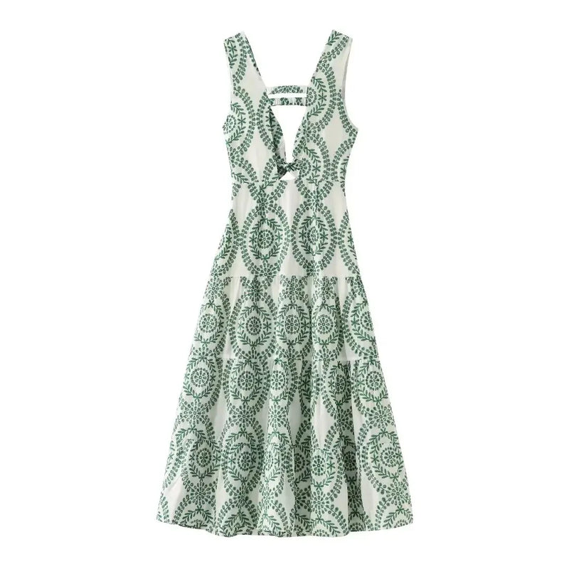 Vintage Knot-Back Embroidered Midi Dress