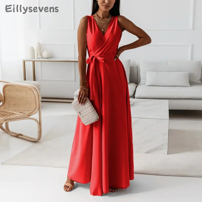 V-Neck Sleeveless Belted Evening Dress