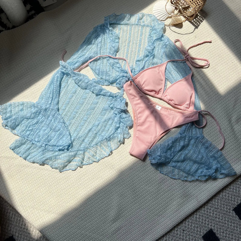 4 Pieces Swimwear with Lace Mesh Short Skirt Cover-ups