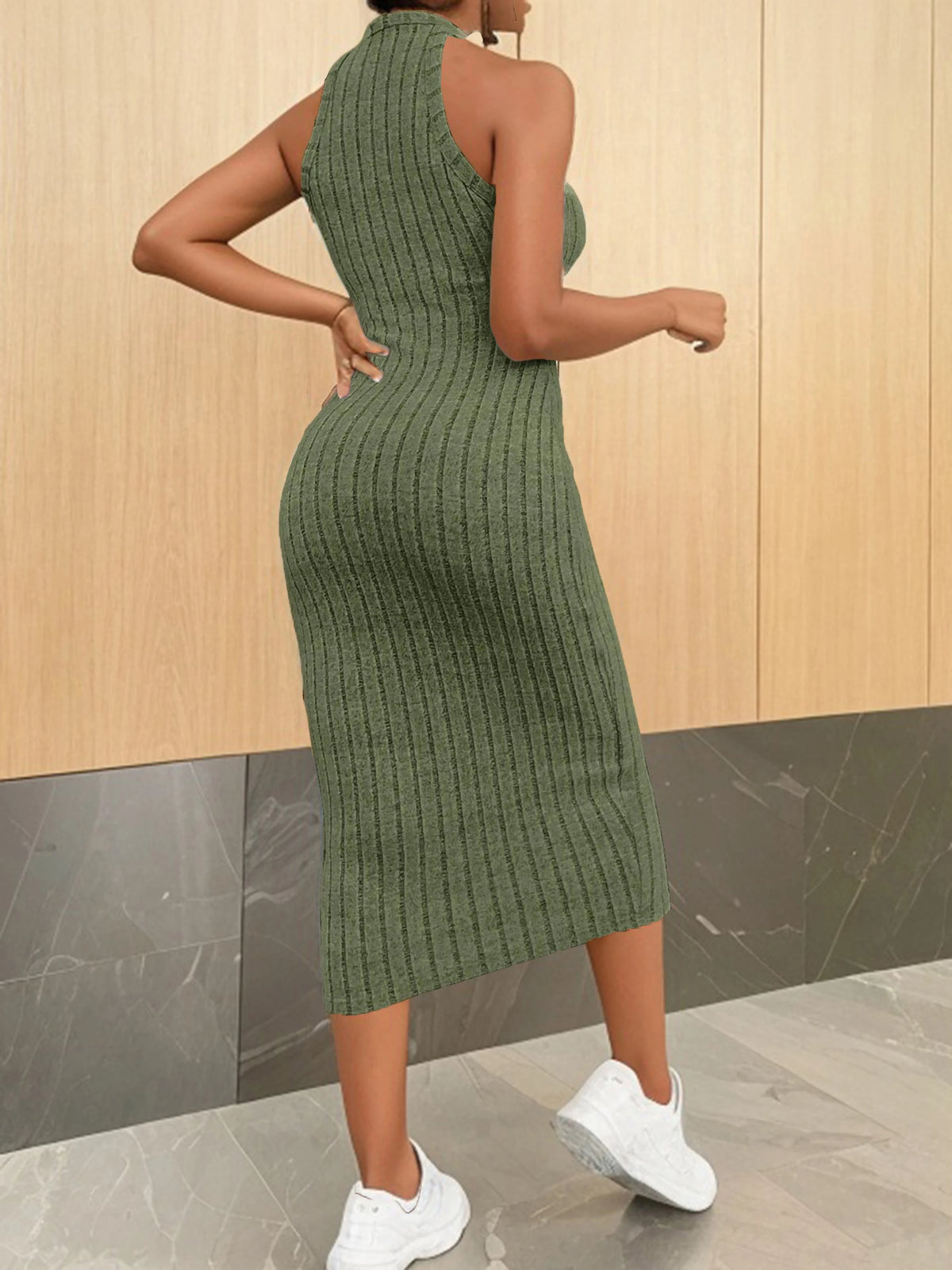 Solid Halter Neck Ribbed Knit Bodycon Tank Dress