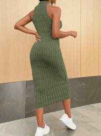 Solid Halter Neck Ribbed Knit Bodycon Tank Dress