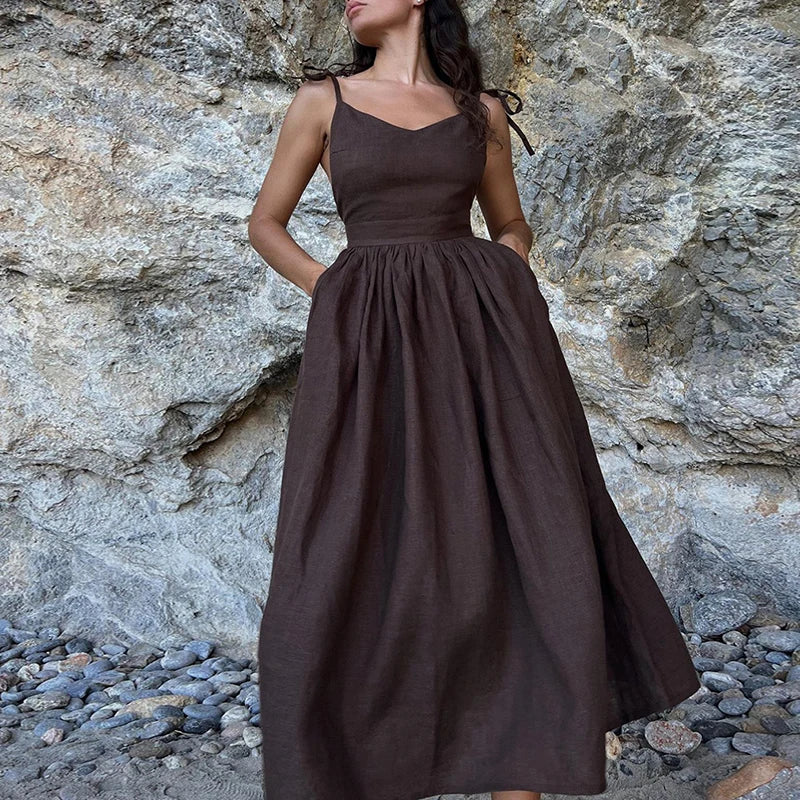 Cotton Linen Backless Casual V-Neck Swing Midi Dress