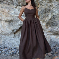 Cotton Linen Backless Casual V-Neck Swing Midi Dress