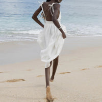 Cotton Linen Backless Casual V-Neck Swing Midi Dress