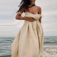 Cotton Linen Backless Casual V-Neck Swing Midi Dress