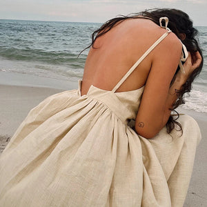 Cotton Linen Backless Casual V-Neck Swing Midi Dress