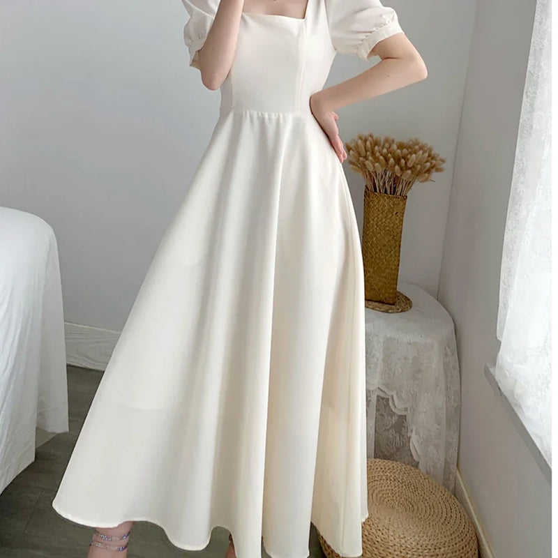 White Slimming Waist Over-the-Knee Long Dress