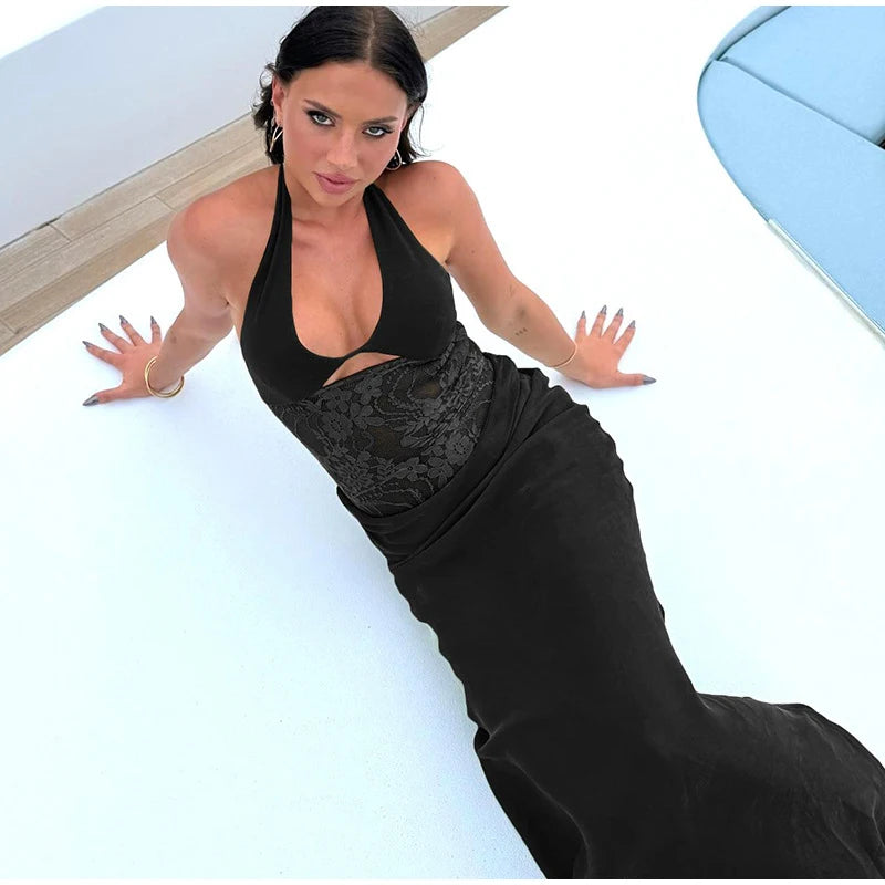 Lace Patchwork Halter Backless Spaghetti Strap Maxi Dress