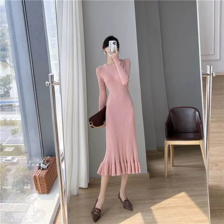 Solid Knitted Midi Dress