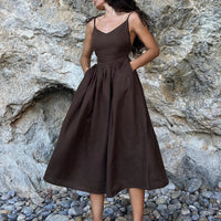 Cotton Linen Backless Casual V-Neck Swing Midi Dress