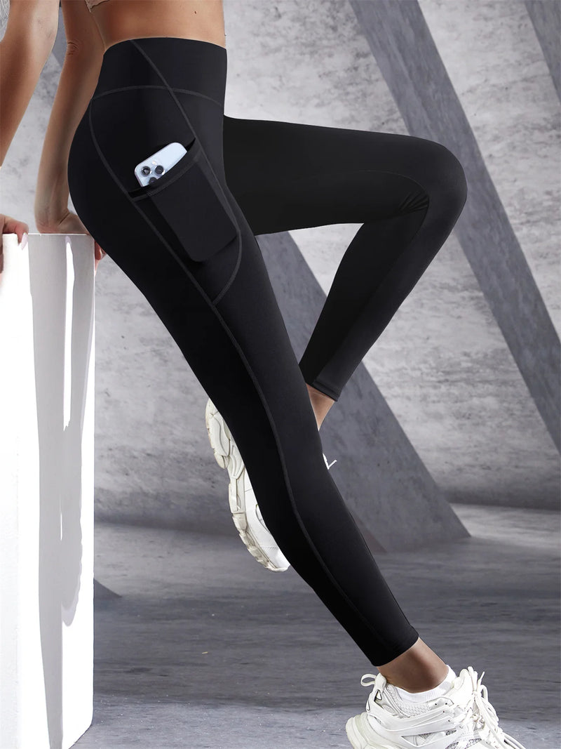 Solid Color High Waist Leggings with Side Pockets