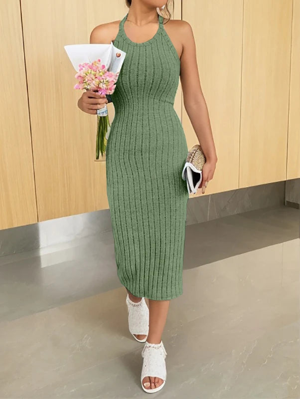 Solid Halter Neck Ribbed Knit Bodycon Tank Dress