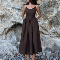 Cotton Linen Backless Casual V-Neck Swing Midi Dress