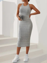 Solid Halter Neck Ribbed Knit Bodycon Tank Dress